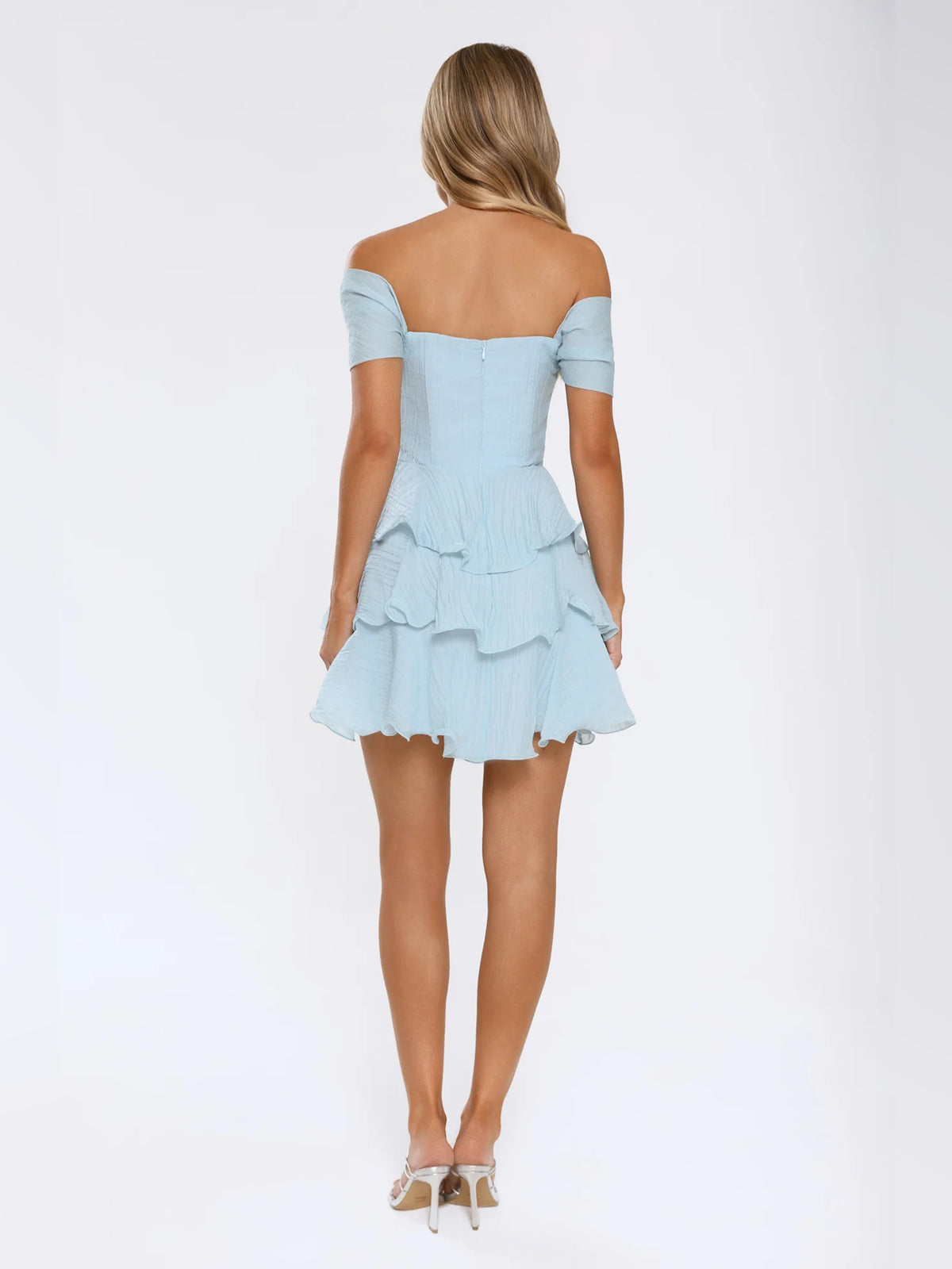 Blue mini homecoming dress, alternate view showing the full-length profile