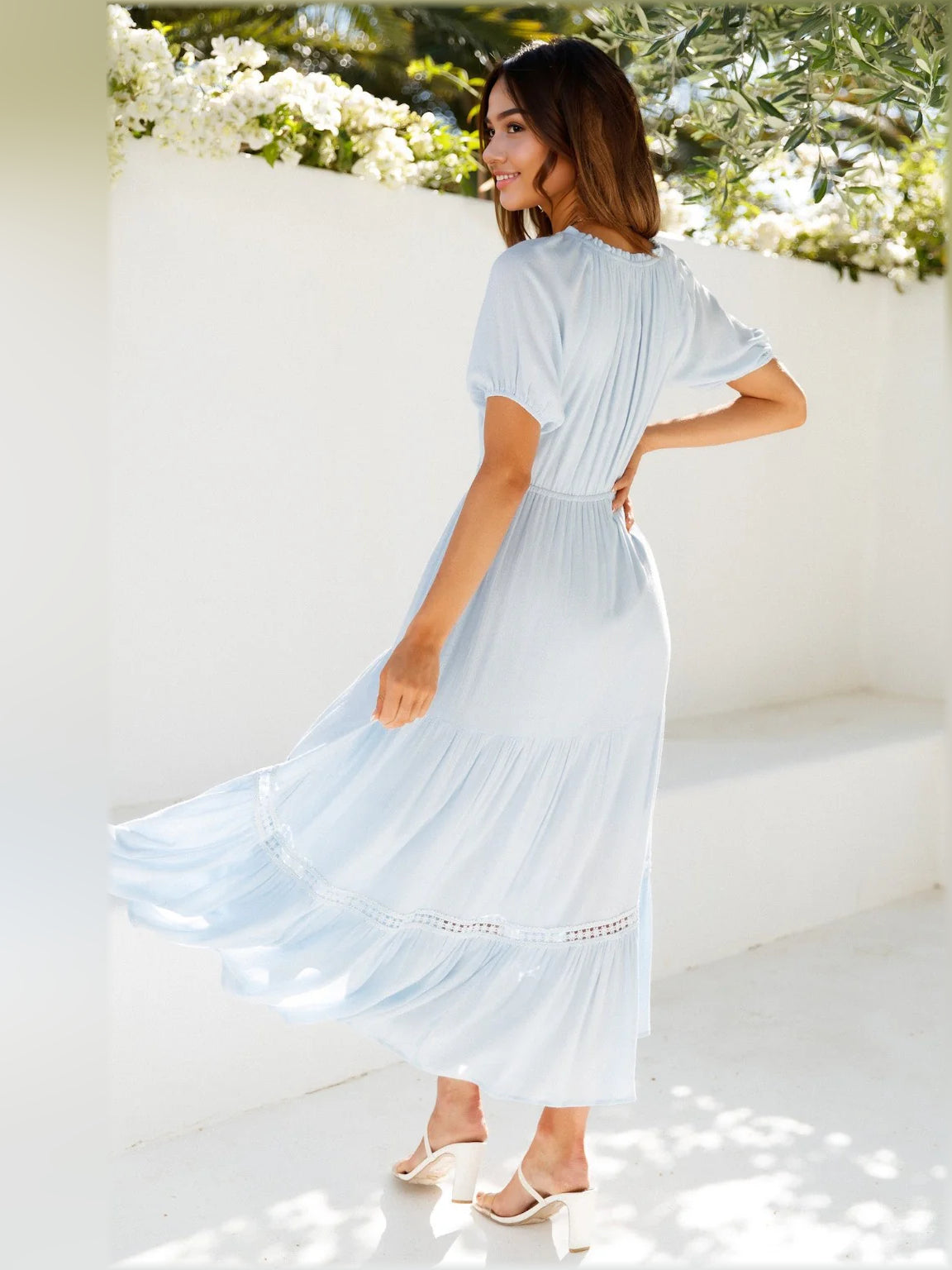 Blue midi formal dress, alternate view showing the hem