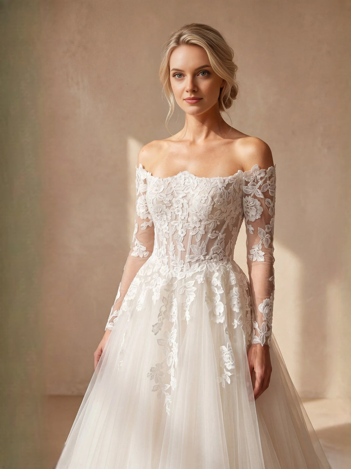 Ivory floor-length wedding dress, alternate view showing the full-length profile
