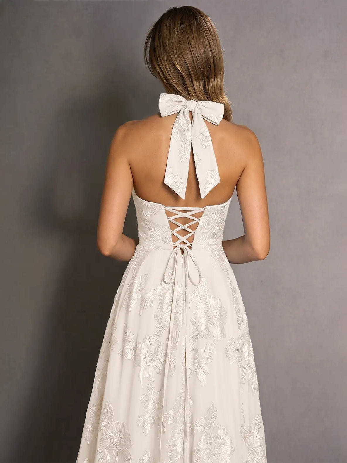 Ivory midi prom dress, alternate view showing the full-length profile