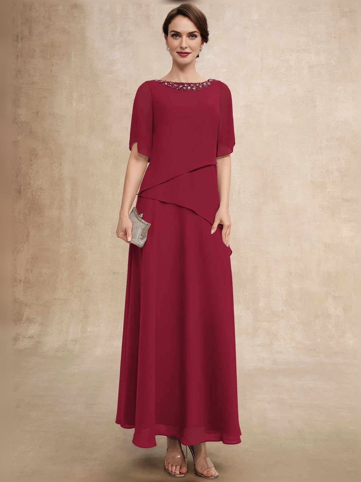 Burgundy floor-length mother of the bride dress, alternate view showing the full-length profile