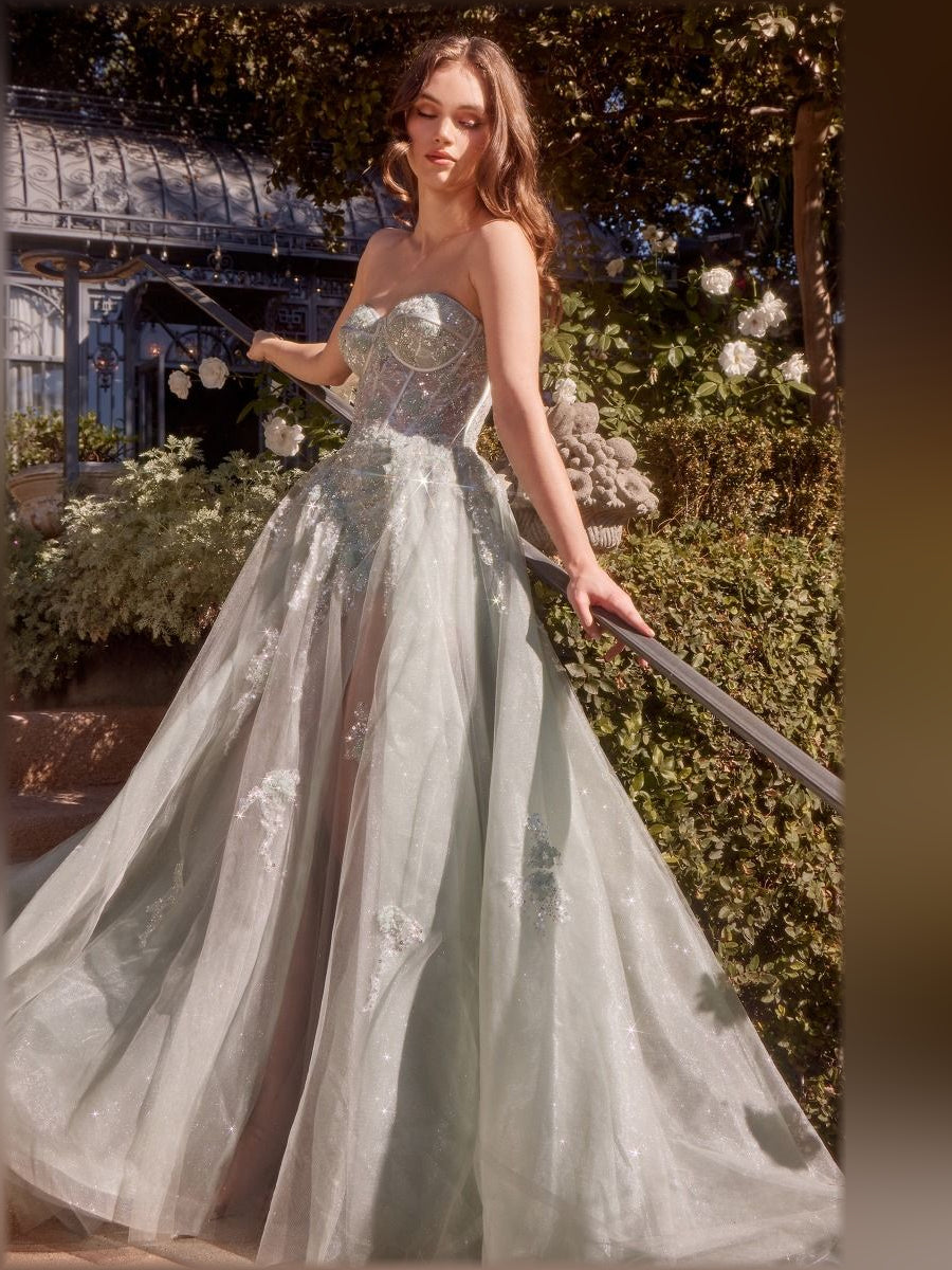 Lavender a-line floor-length formal dress with corset-style bodice, alternate view showing the hem