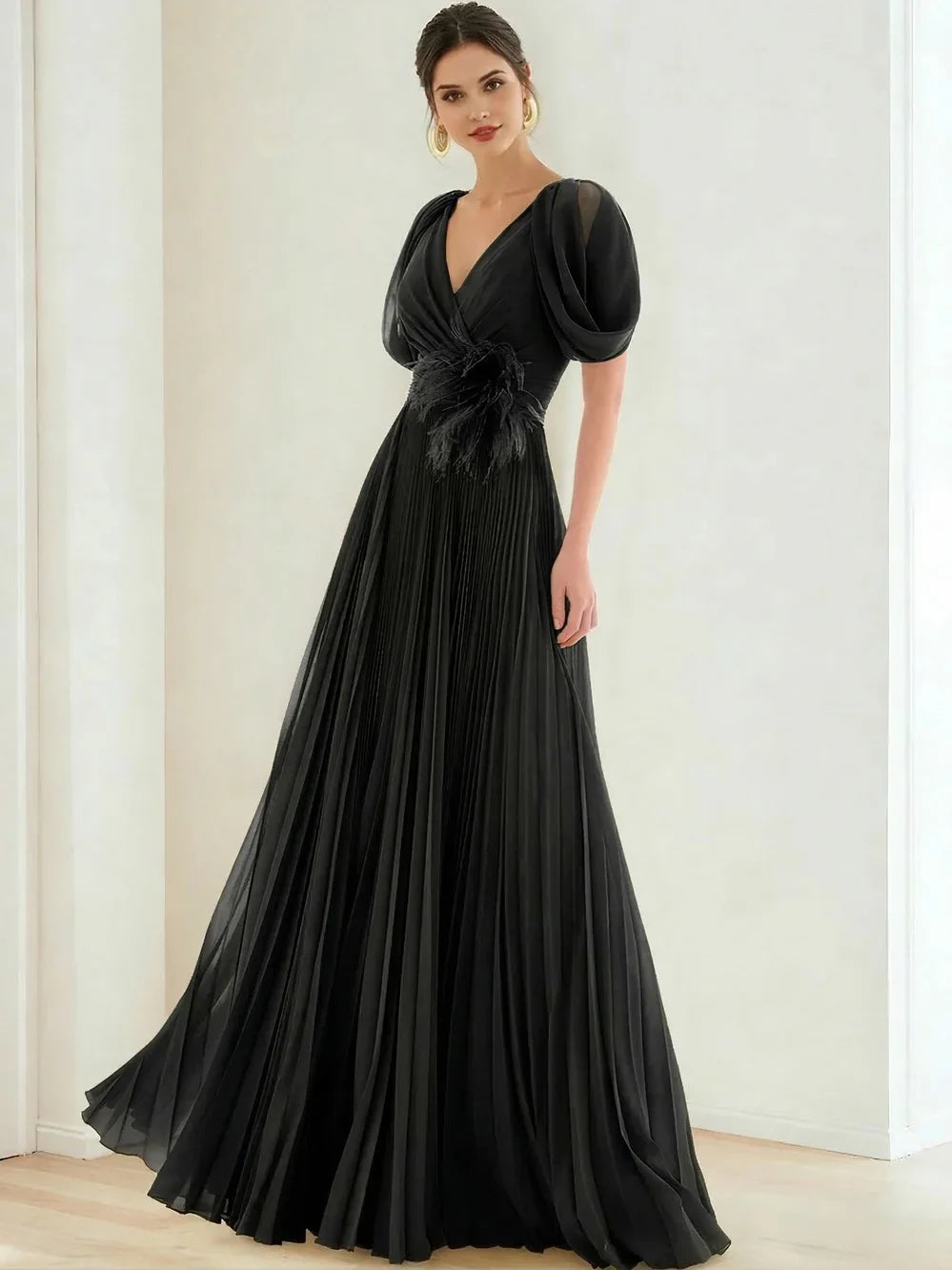 Black a-line floor-length formal dress with bow detail, alternate view