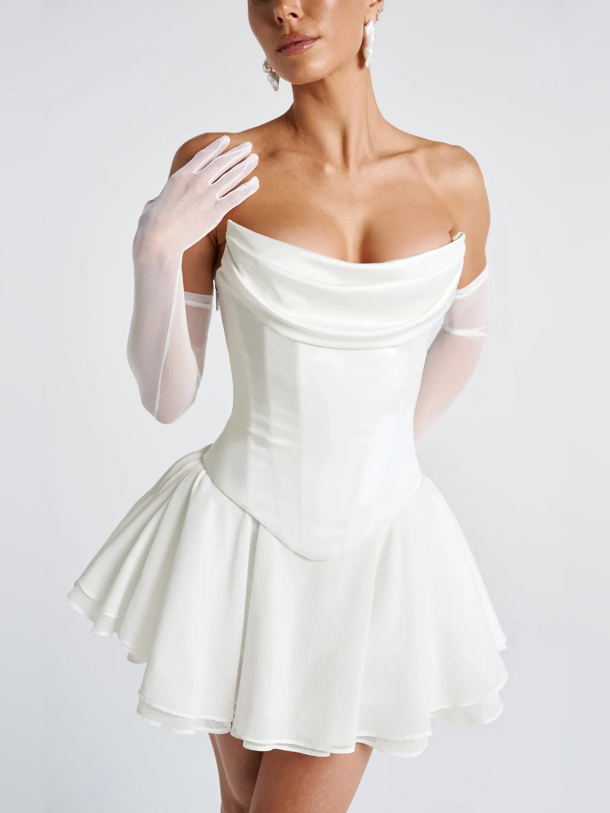 White mini homecoming dress, alternate view showing the full-length profile