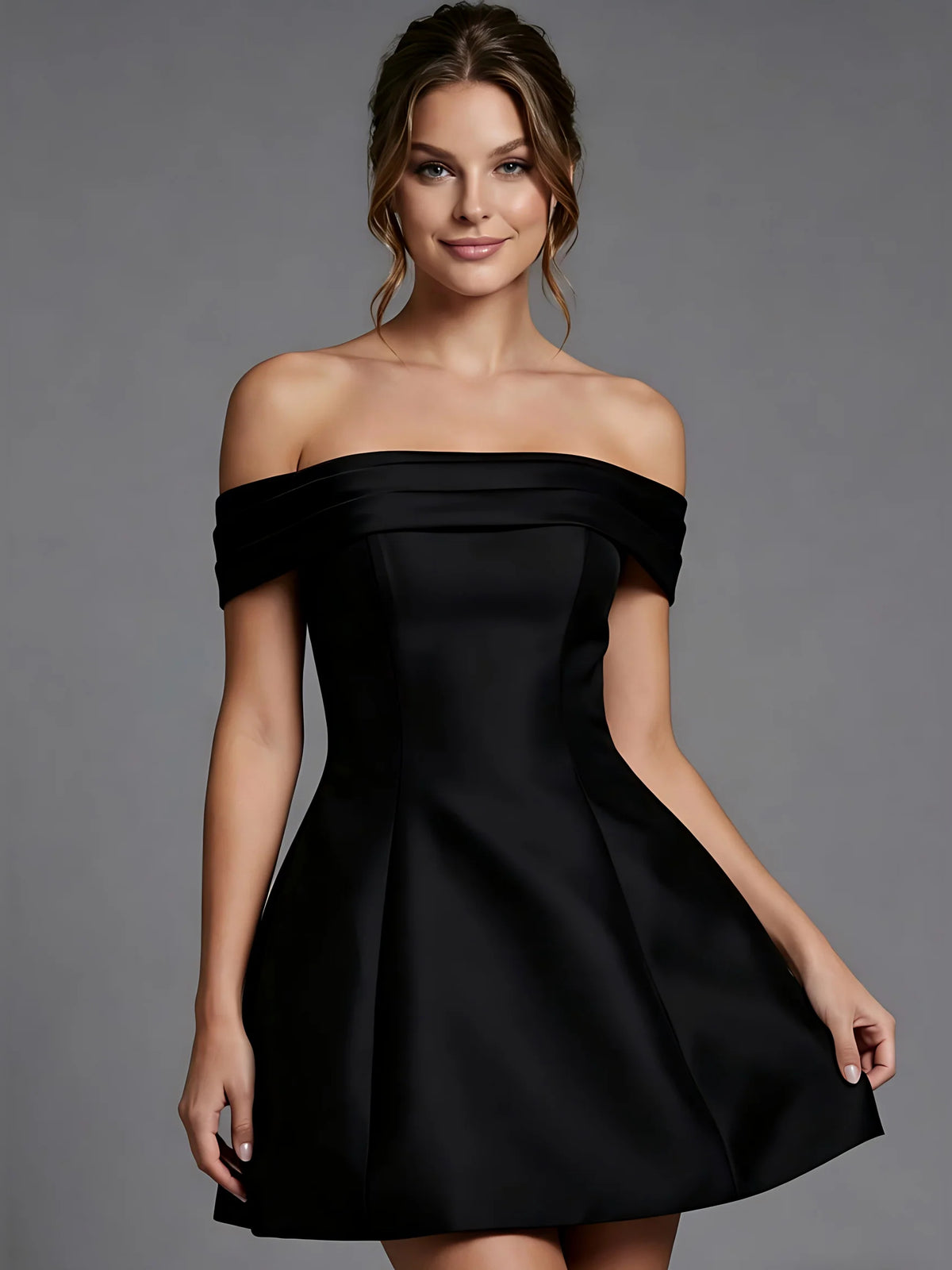 Black mini homecoming dress, alternate view showing the full-length profile