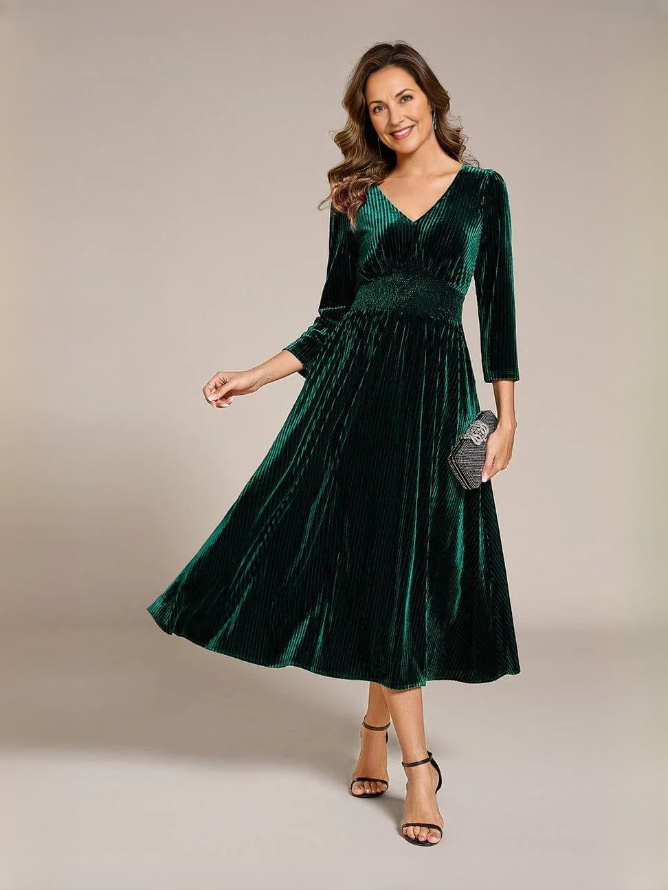 Dark Green midi mother of the bride dress, alternate view showing the full-length profile
