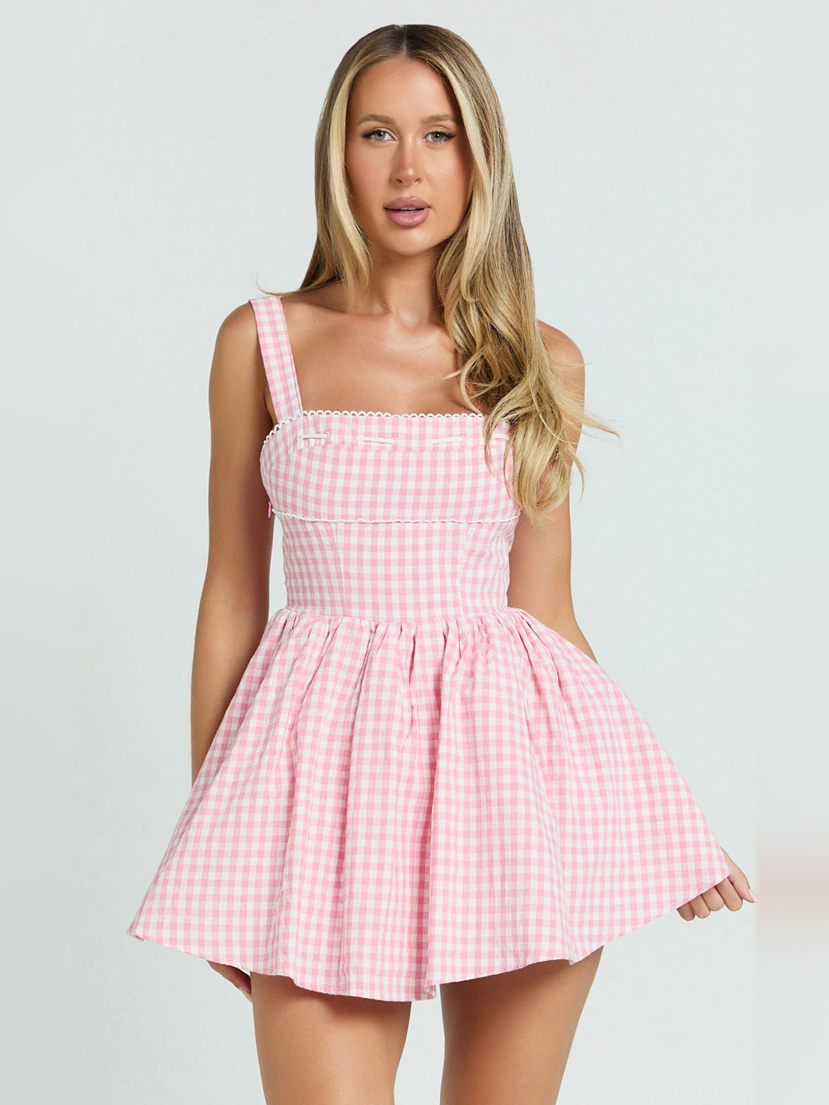 Pink mini homecoming dress, alternate view showing the full-length profile