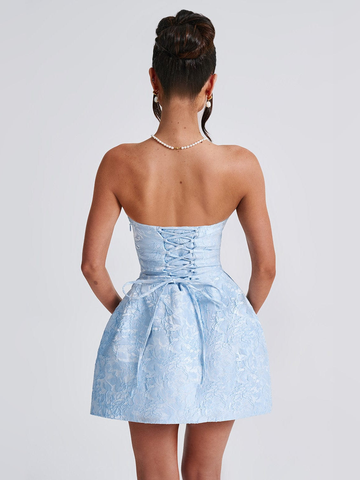 Blue mini homecoming dress, alternate view showing the full-length profile