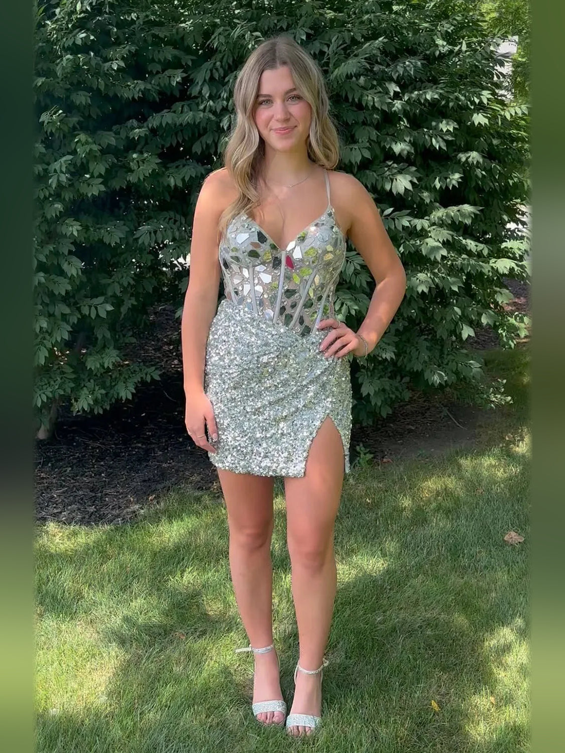 Silver short homecoming dress, alternate view showing the full-length profile