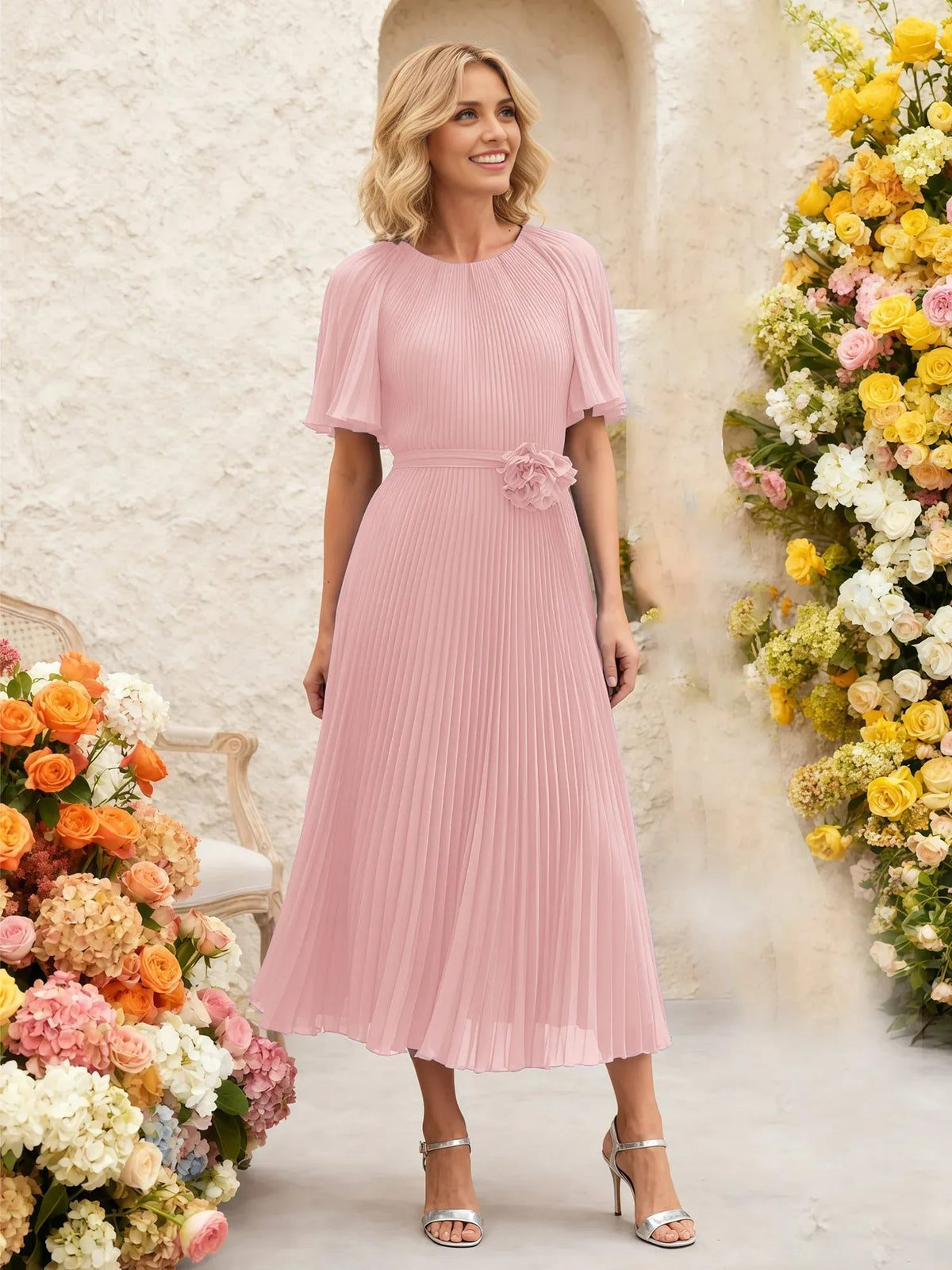Dusty Rose midi mother of the bride dress, alternate view showing the full-length profile