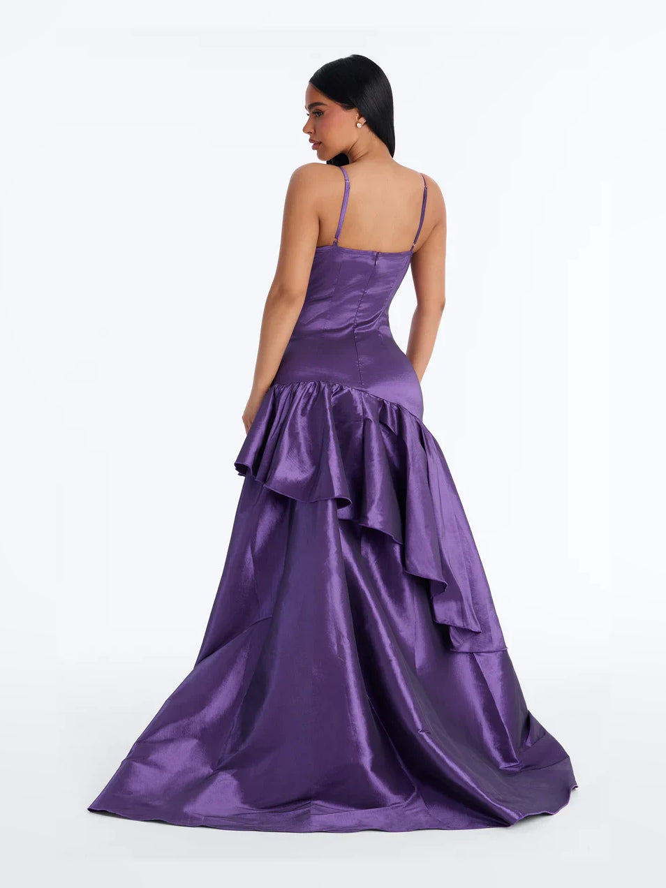 Black high-low prom dress, alternate view showing the full-length profile