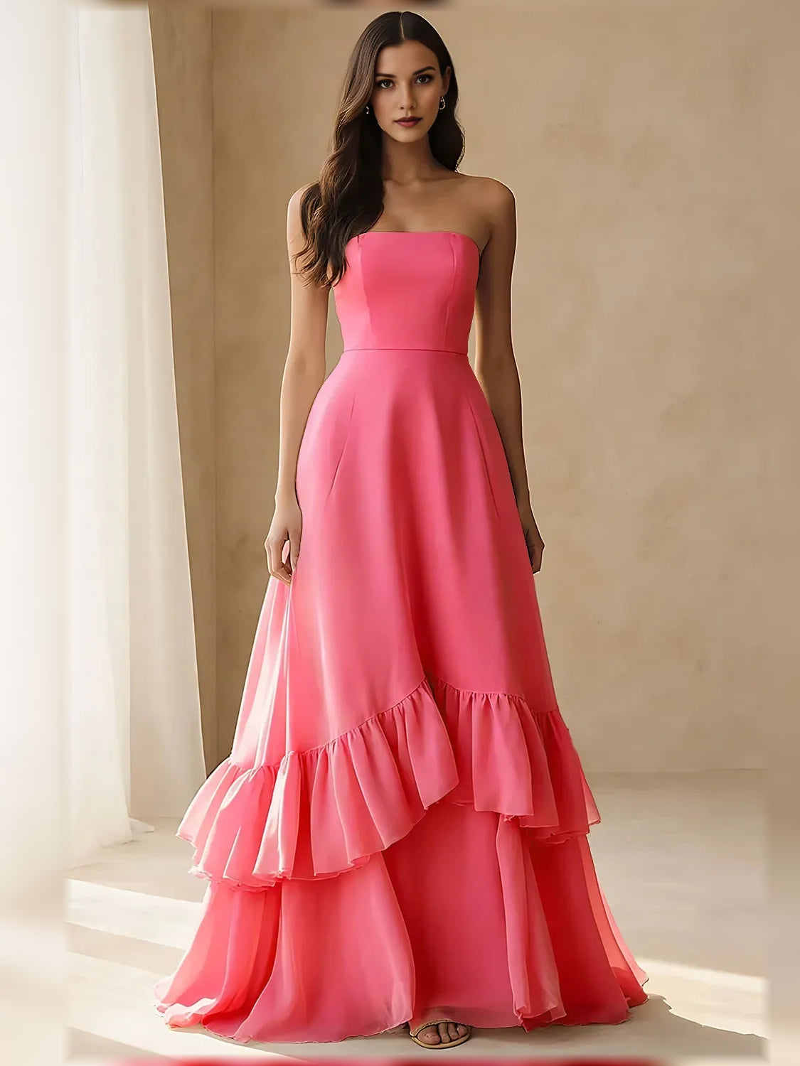 Hot Pink a-line floor-length formal dress with ruffle details, alternate view