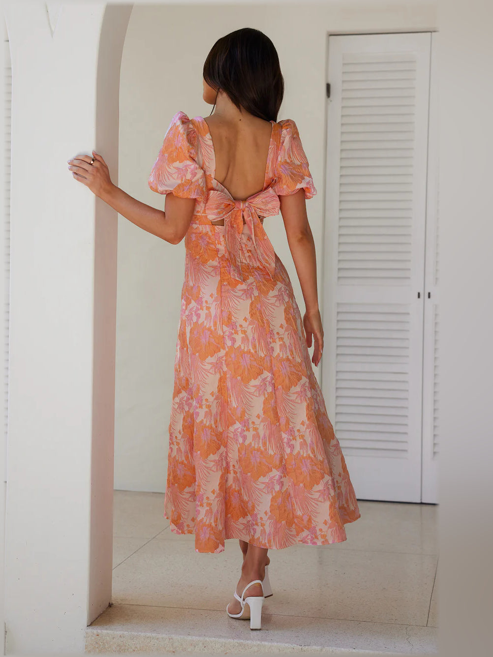 Pink midi formal dress, alternate view showing the hem