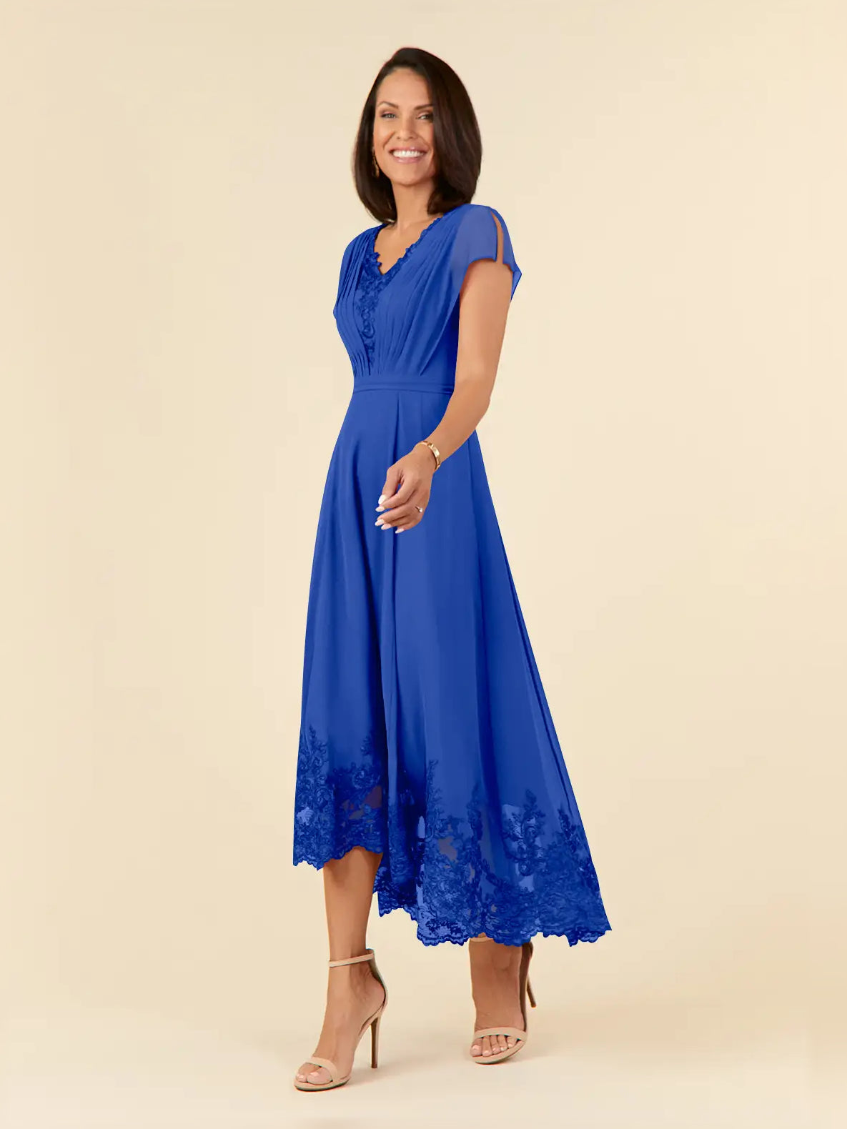 Royal Blue midi mother of the bride dress, alternate view showing the full-length profile