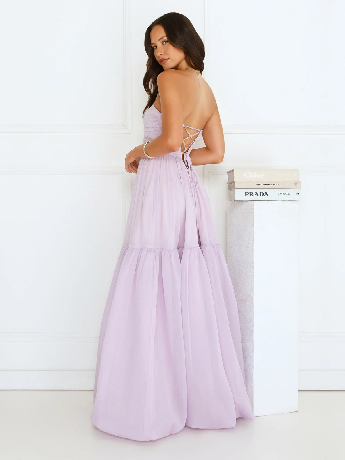 Lilac a-line maxi formal dress with tiered skirt, alternate view showing the hem