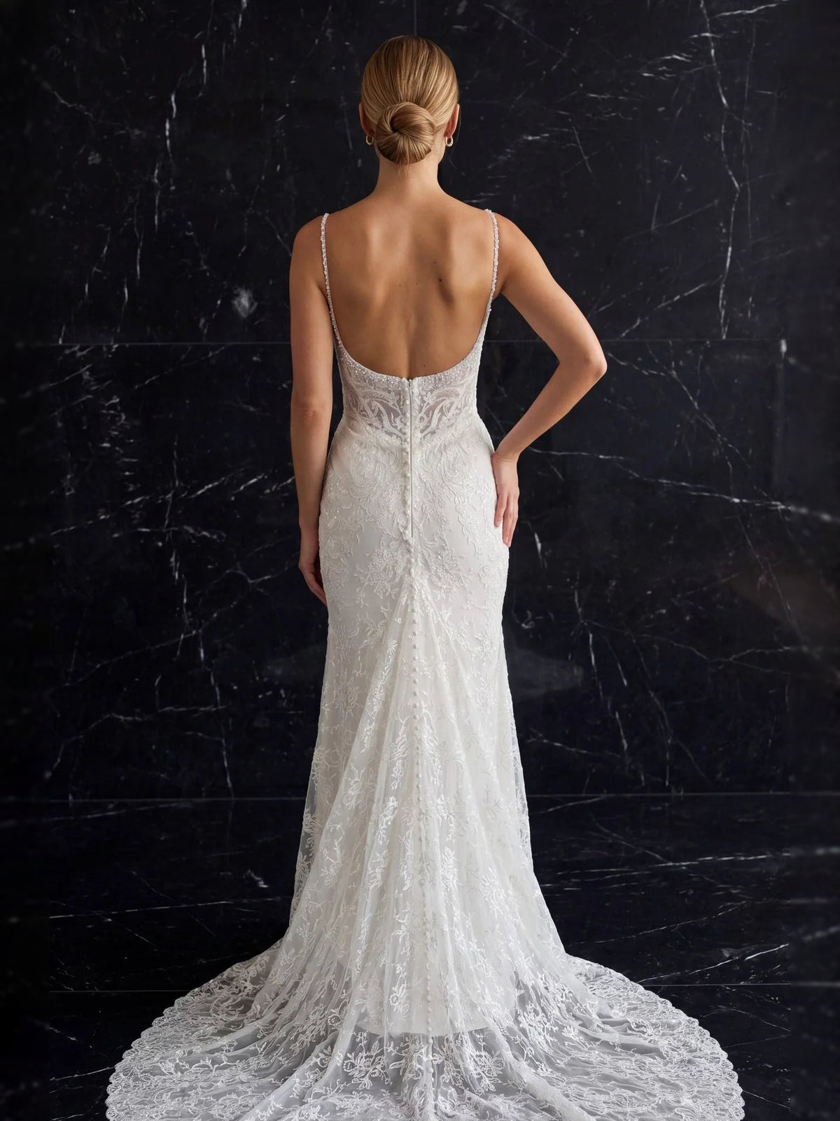 Ivory floor-length wedding dress, alternate view showing the full-length profile