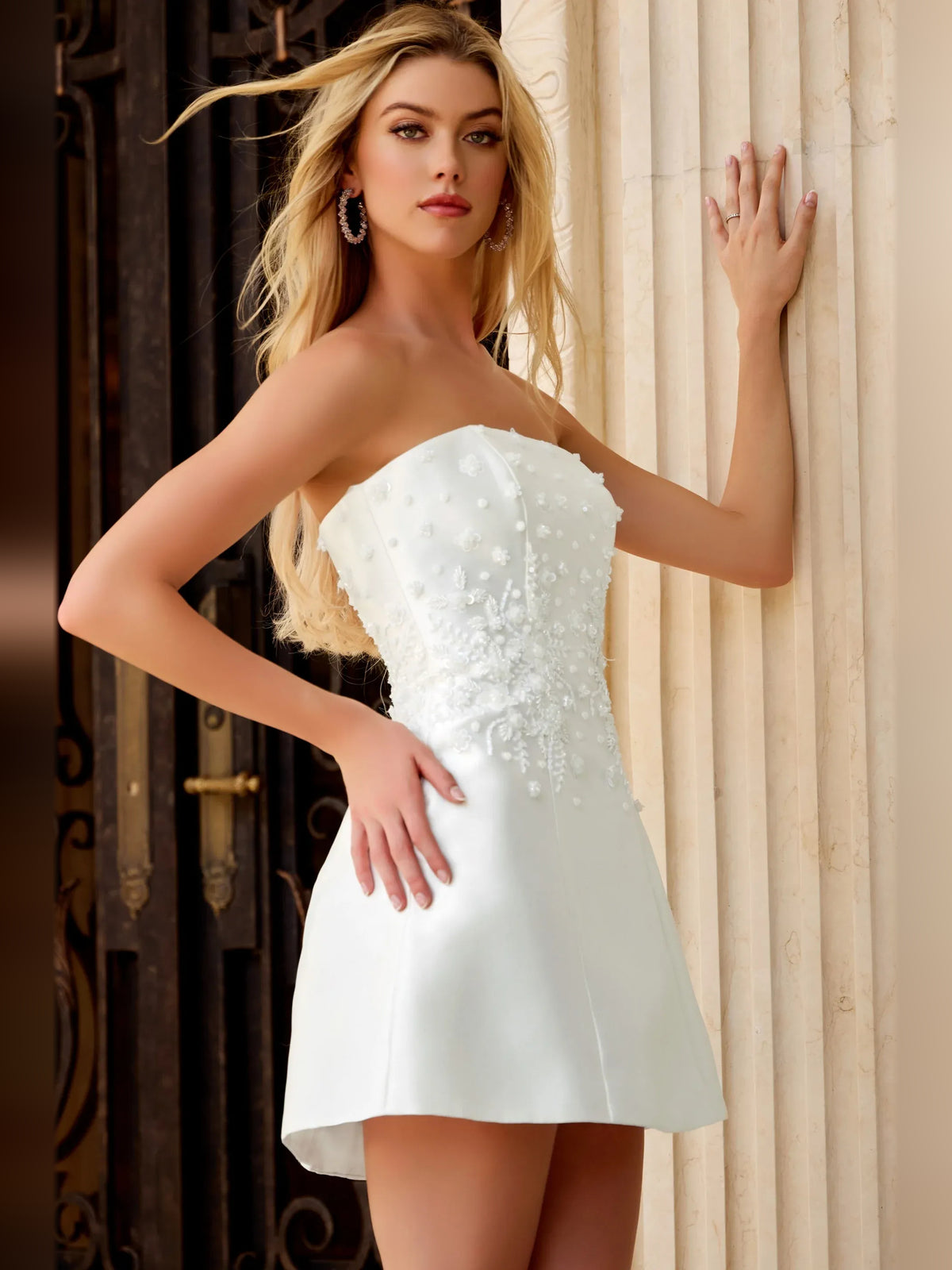 Ivory mini homecoming dress, alternate view showing the full-length profile