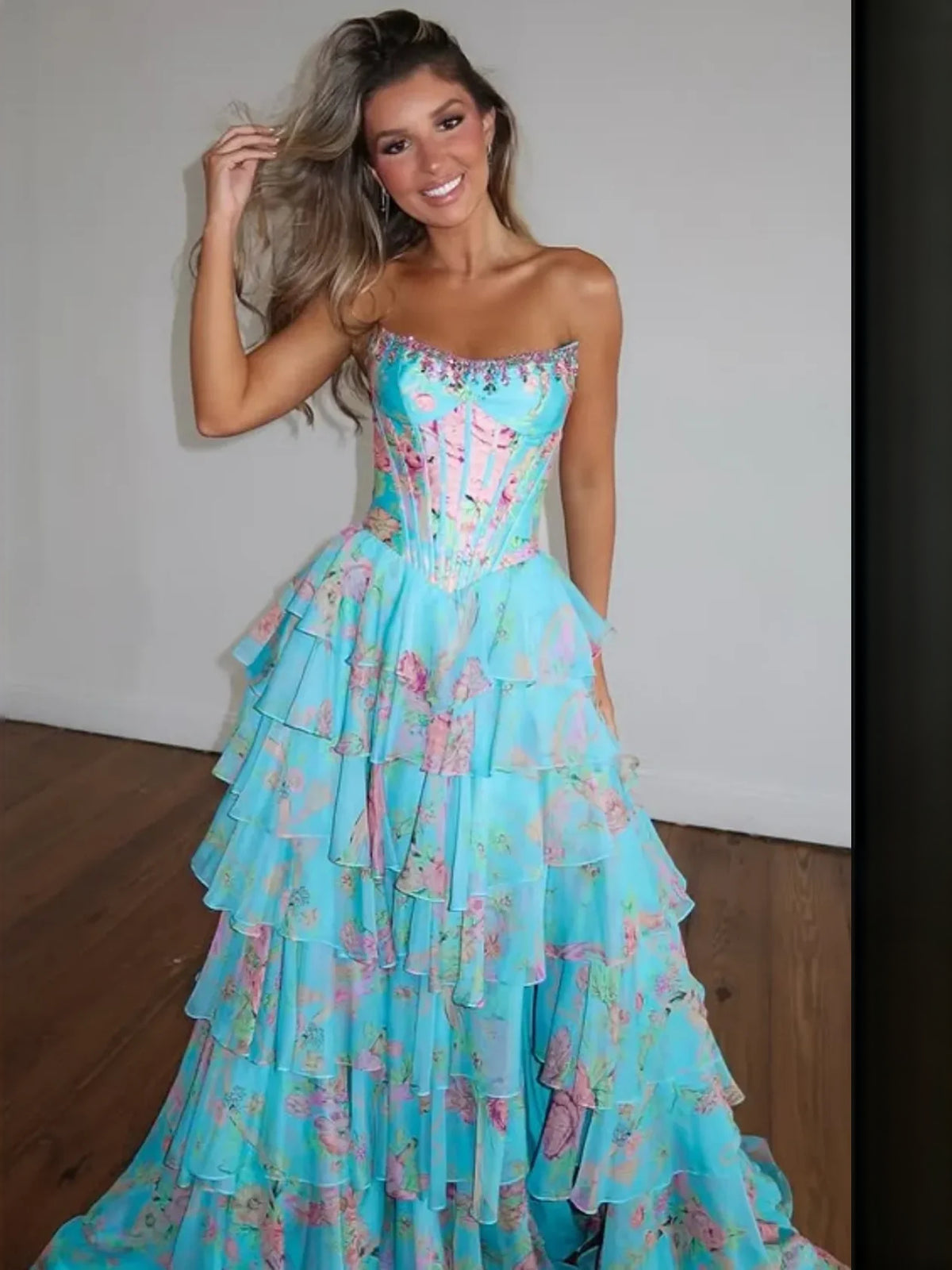 Dark Blue floor-length prom dress, alternate view showing the full-length profile