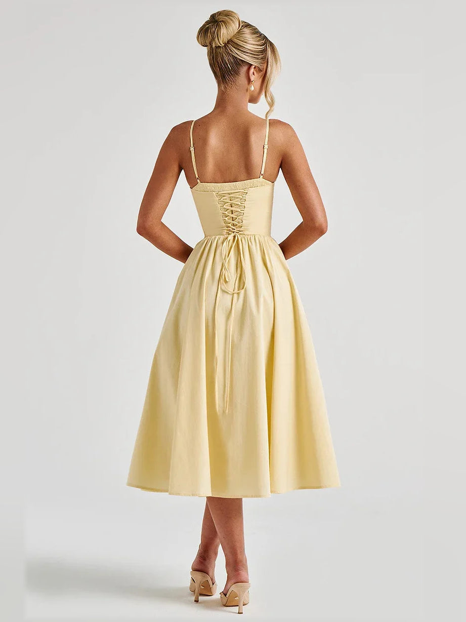 White a-line tea-length formal dress with corset-style bodice, alternate view showing the hem