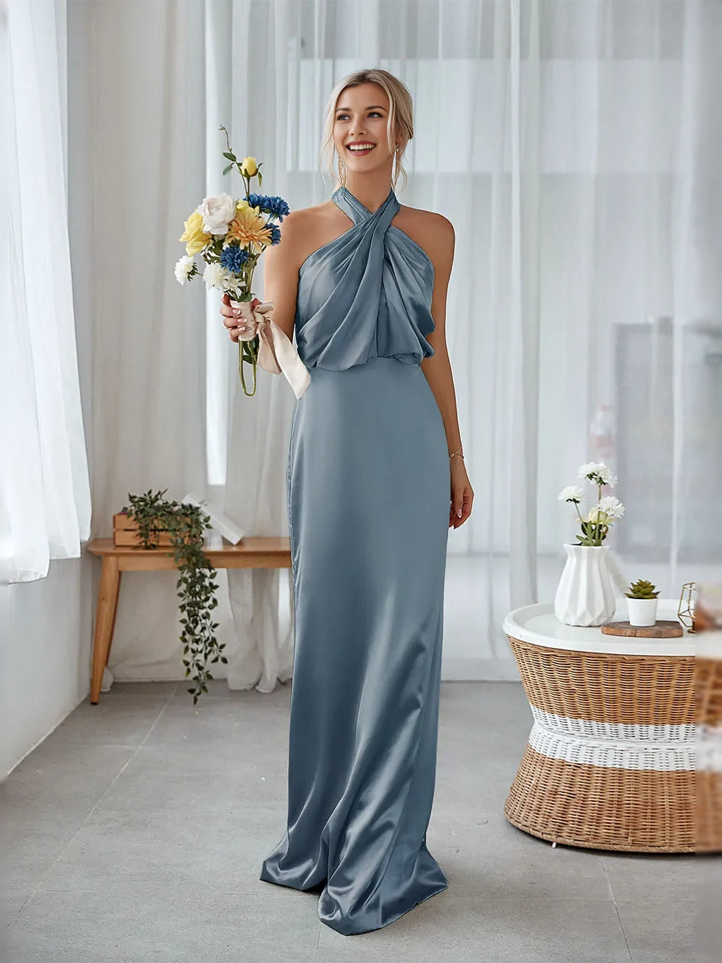 Dusty Blue floor-length bridesmaid dress, alternate view showing the full-length profile