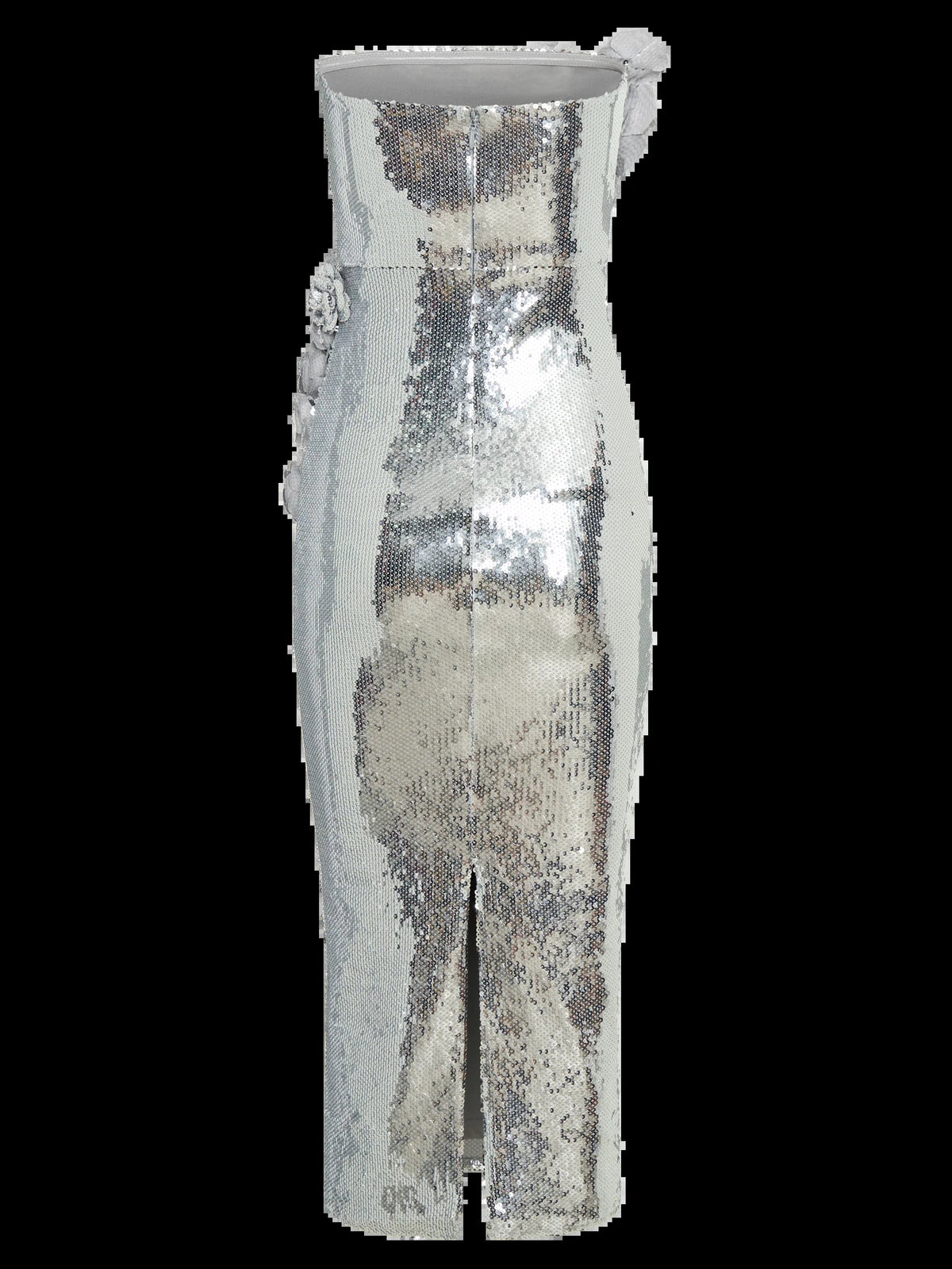 Silver midi formal dress with sequins, alternate view showing the hem