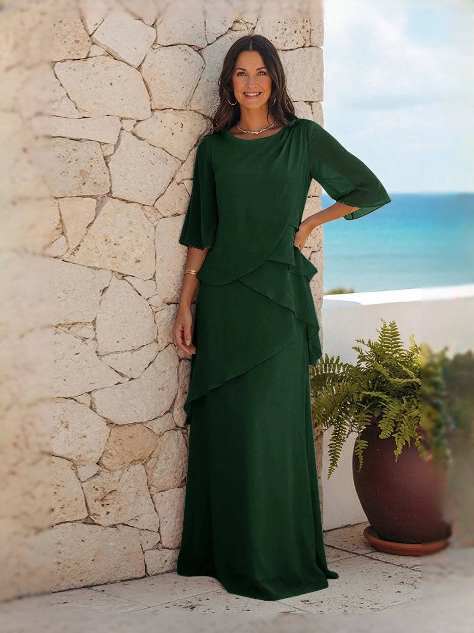 Dark Green floor-length mother of the bride dress, alternate view showing the full-length profile