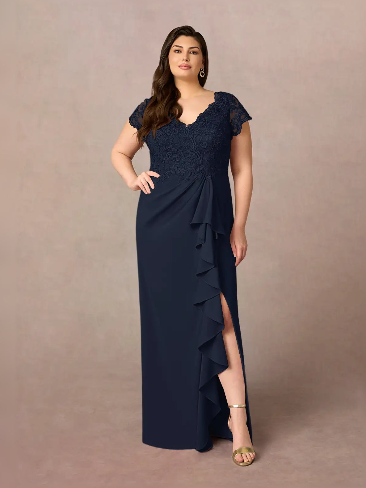 Dark Navy short mother of the bride dress, alternate view showing the full-length profile