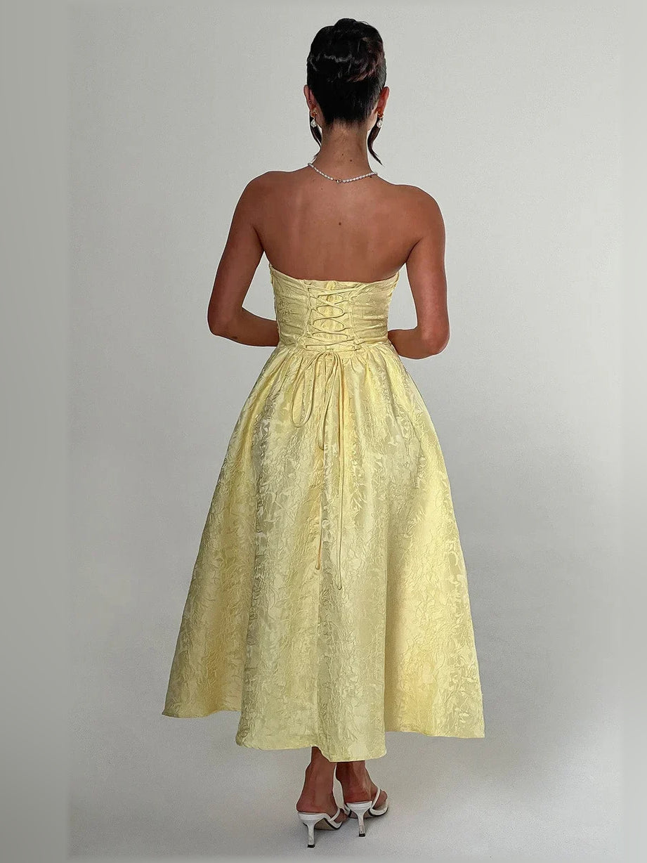 Red midi formal dress with corset-style bodice, alternate view showing the hem