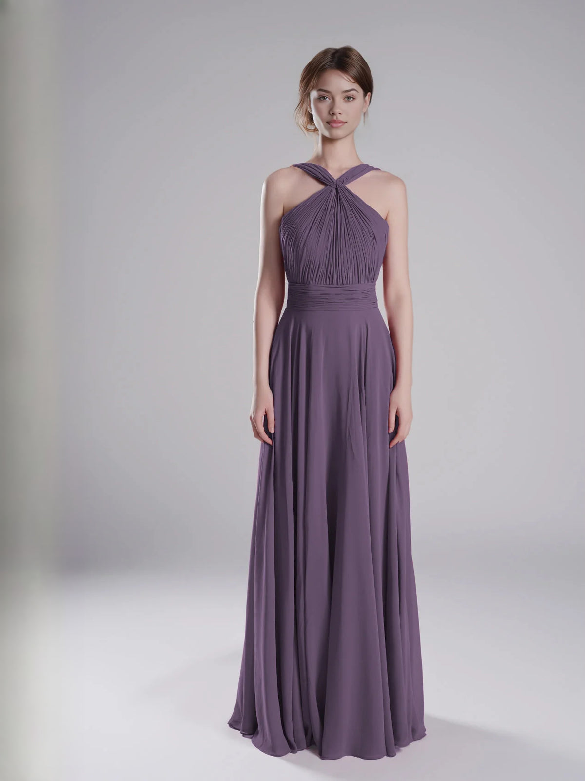Purple floor-length bridesmaid dress, alternate view showing the full-length profile