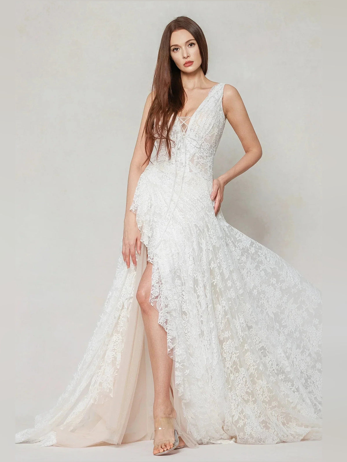 Ivory floor-length wedding dress, alternate view showing the full-length profile