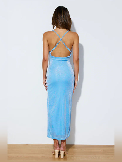 Blue midi formal dress, alternate view showing the hem