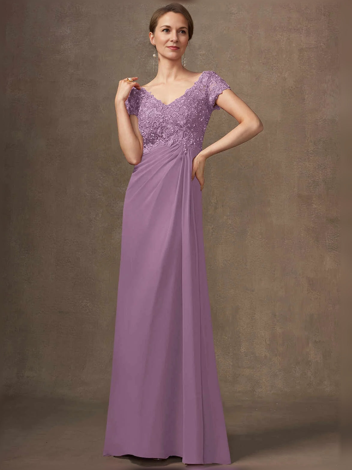 Wisteria floor-length mother of the bride dress, alternate view showing the full-length profile