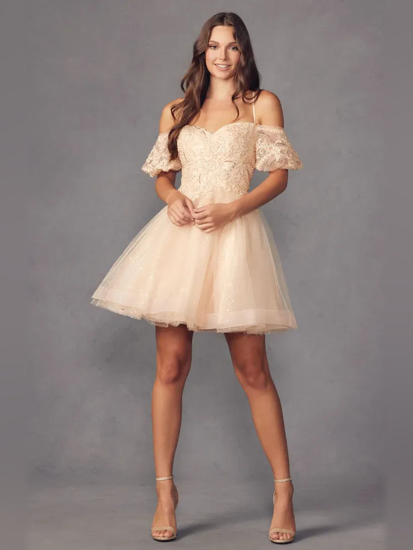 Champagne short homecoming dress, alternate view showing the full-length profile