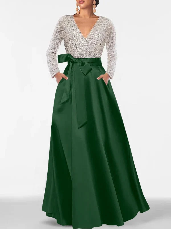 Dark Green a-line floor-length formal dress with floral appliqué, alternate view