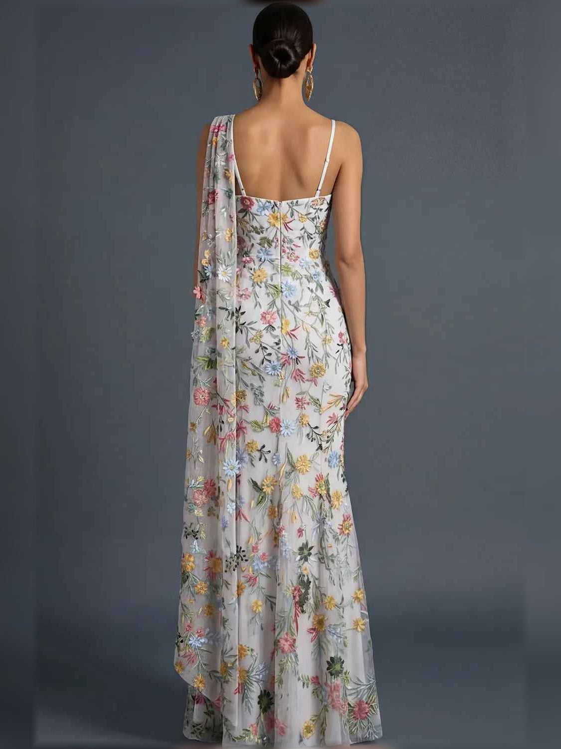 Mauve mermaid floor-length formal dress with draping, alternate view showing the hem