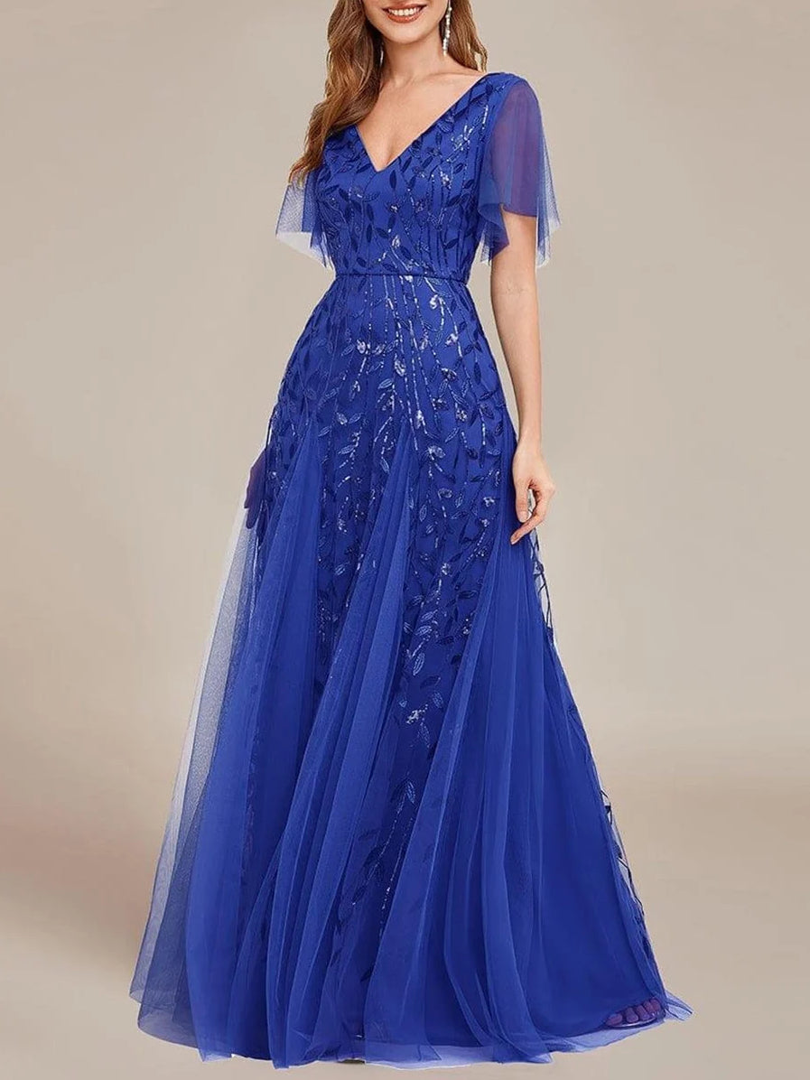 Navy floor-length mother of the bride dress, alternate view showing the full-length profile