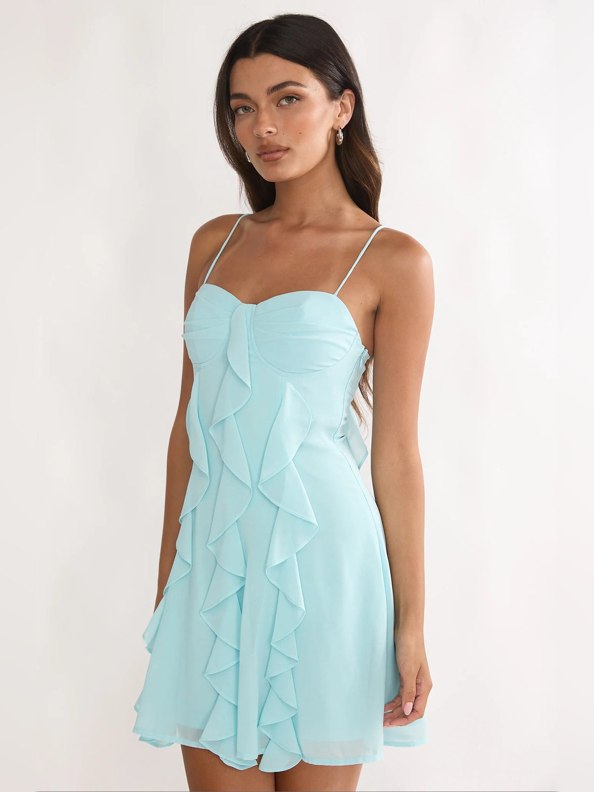 Aqua mini homecoming dress, alternate view showing the full-length profile