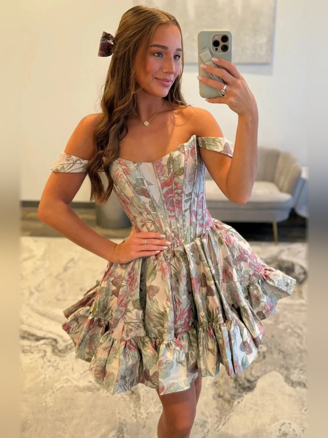 Sage Green mini homecoming dress, alternate view showing the full-length profile