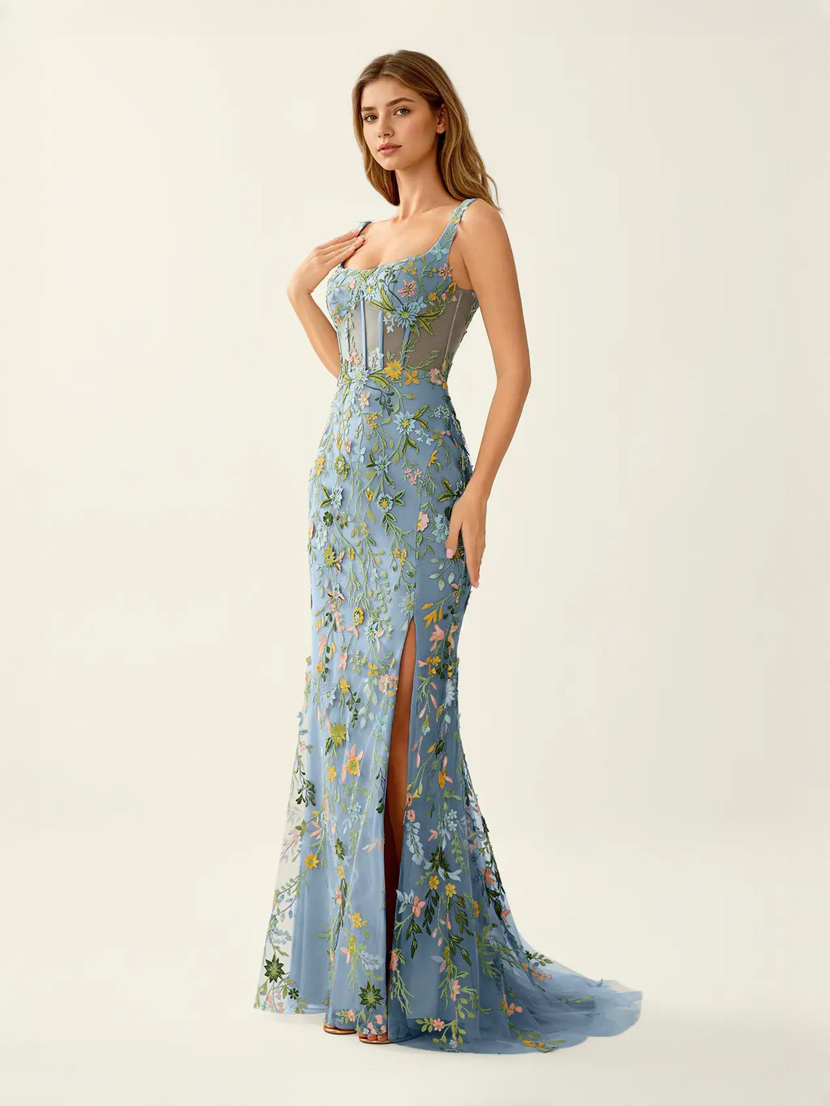 Dusty Blue maxi prom dress, alternate view showing the full-length profile