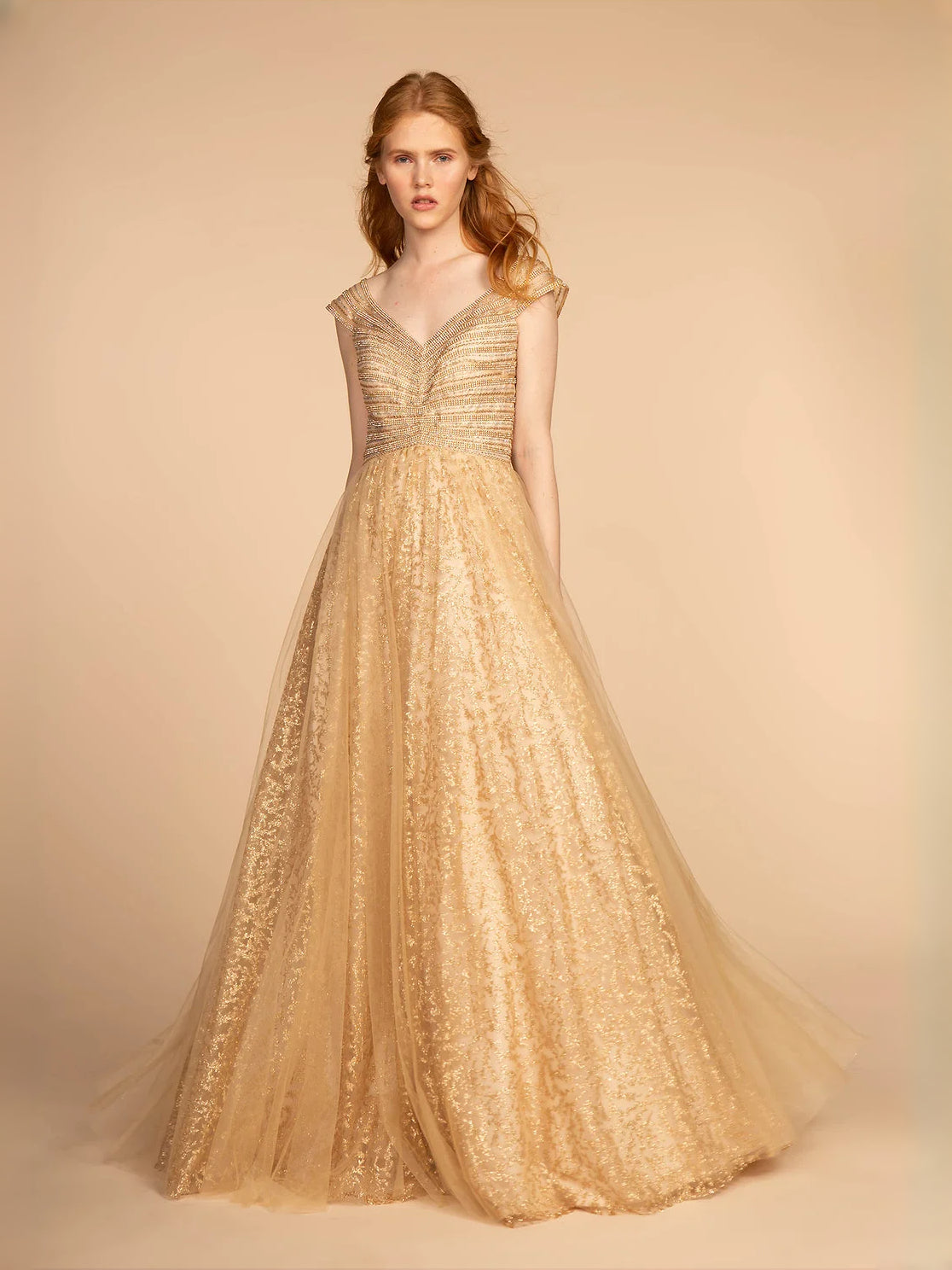 Gold floor-length prom dress, alternate view showing the full-length profile