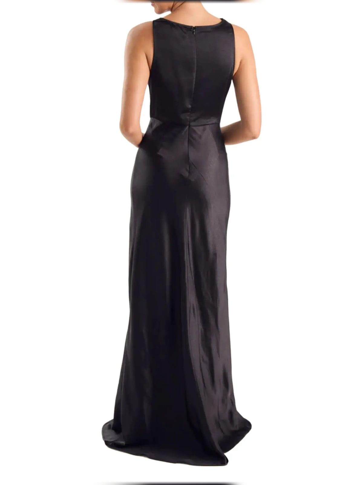 Black sheath floor-length formal dress with cowl neckline, alternate view showing the hem