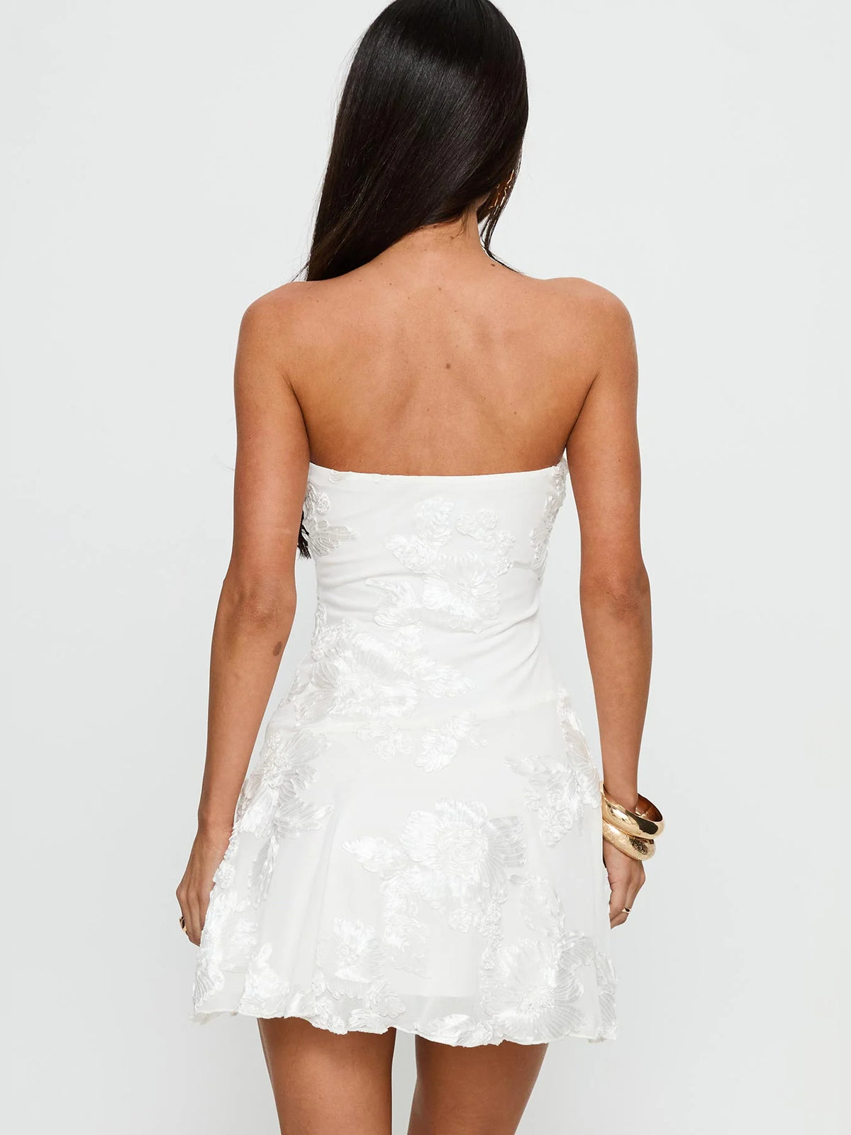 White Floral mini homecoming dress, alternate view showing the full-length profile