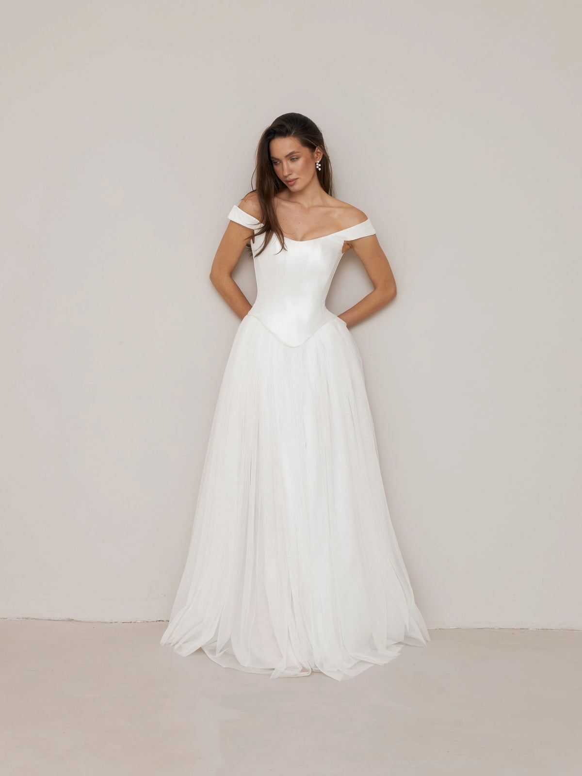 Ivory floor-length wedding dress, alternate view showing the full-length profile