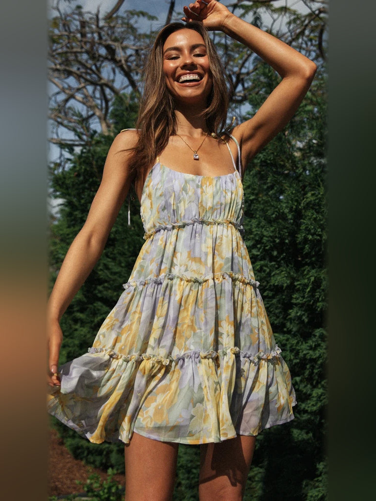 Floral mini homecoming dress, alternate view showing the full-length profile