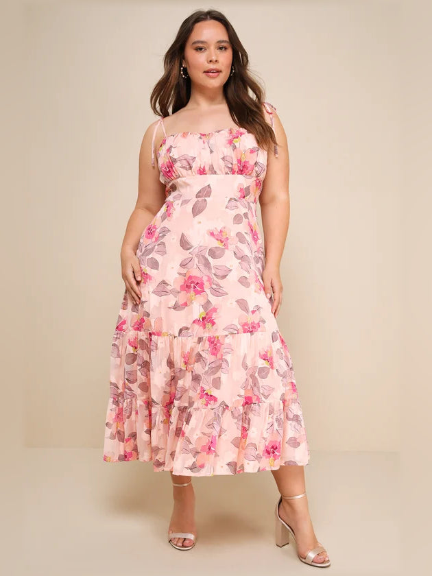 Pink Floral midi formal dress with tiered skirt, alternate view showing the hem