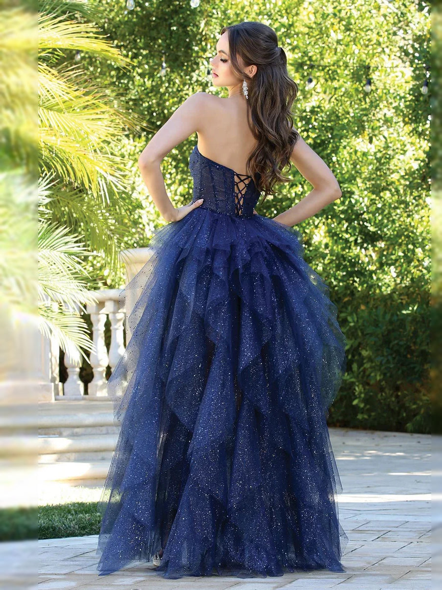 Dark Navy floor-length prom dress, alternate view showing the full-length profile