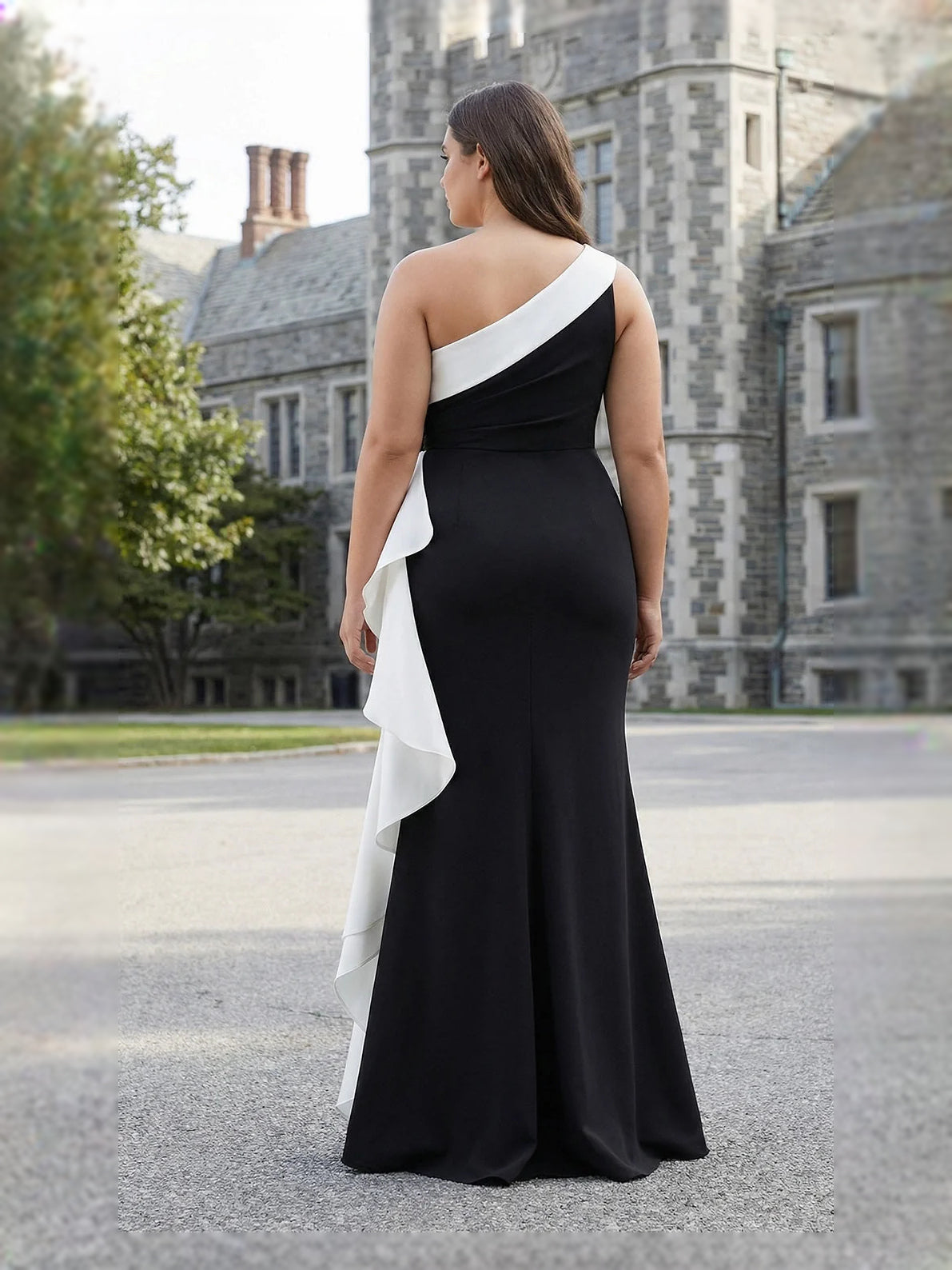 Black & White floor-length prom dress, alternate view showing the full-length profile