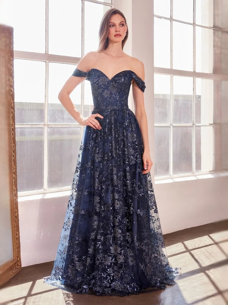 Navy Blue floor-length prom dress, front view showing the ball-gown silhouette