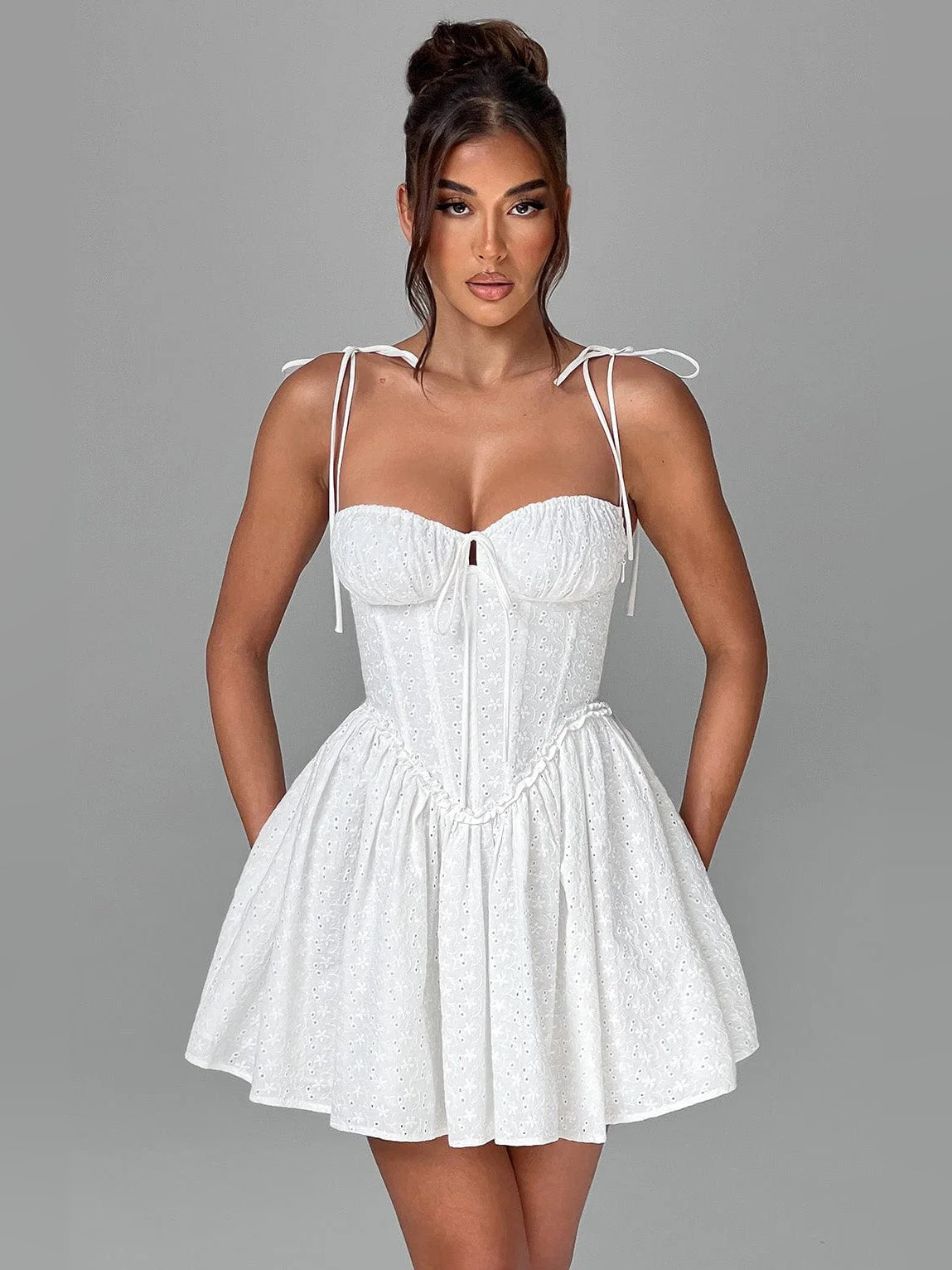 Ivory mini homecoming dress, alternate view showing the full-length profile