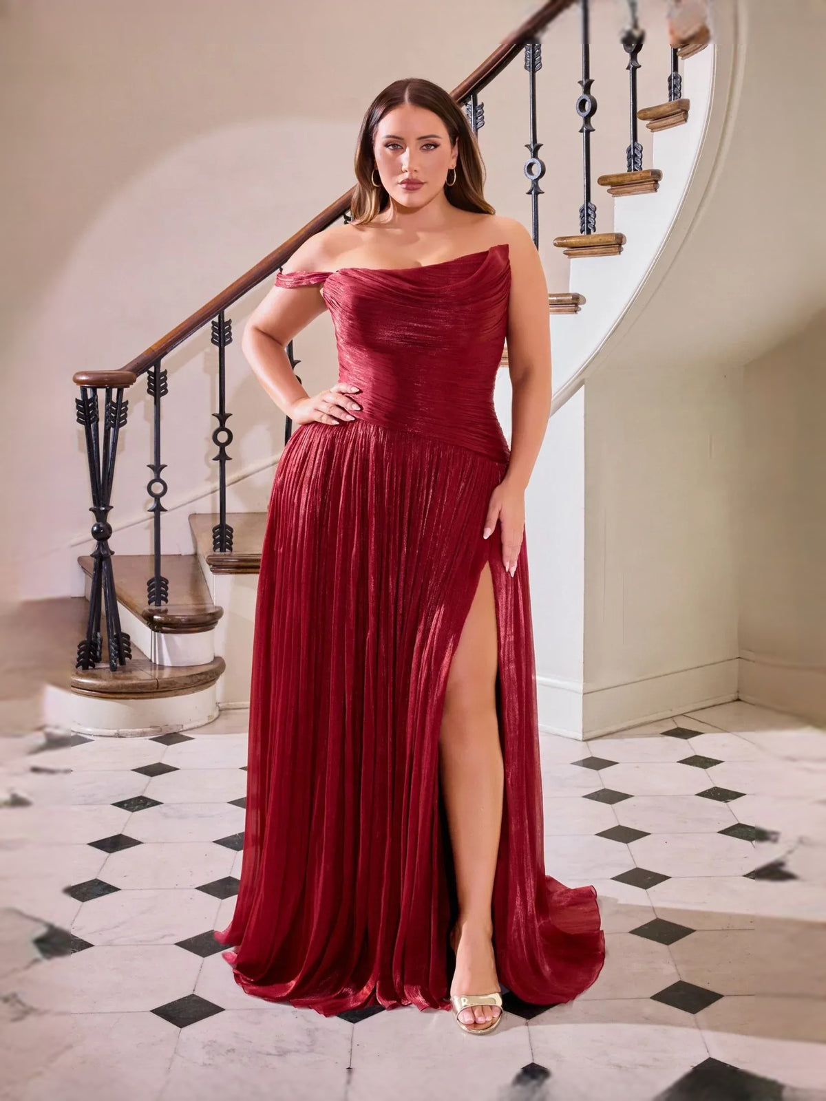 Khaki floor-length prom dress, alternate view showing the full-length profile